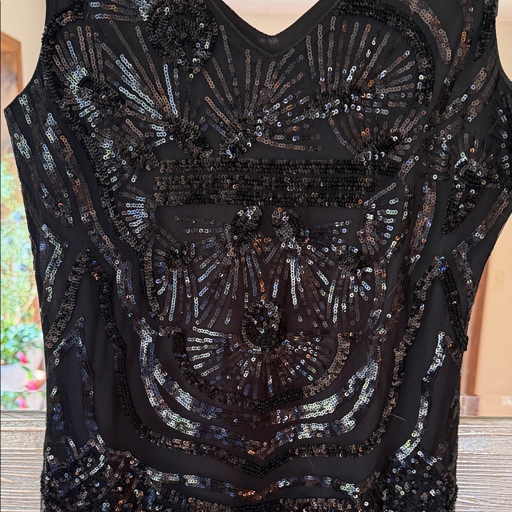 Black Sequin Sleeveless Dress flowing size Large performance wedding prom